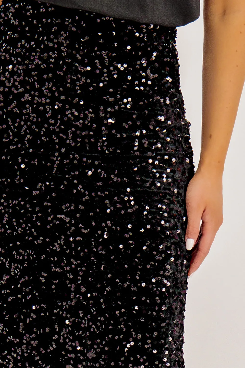 Kam Black Sequins High Waisted Midi Skirt