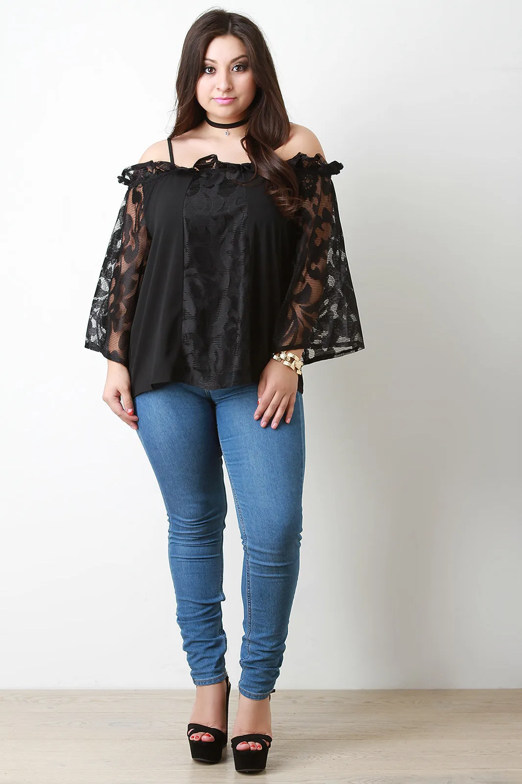 Lace Contrast Ruffle Neck Bell-Sleeves Cold Shoulder Top