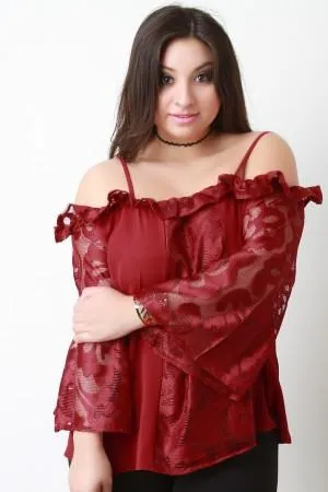 Lace Contrast Ruffle Neck Bell-Sleeves Cold Shoulder Top