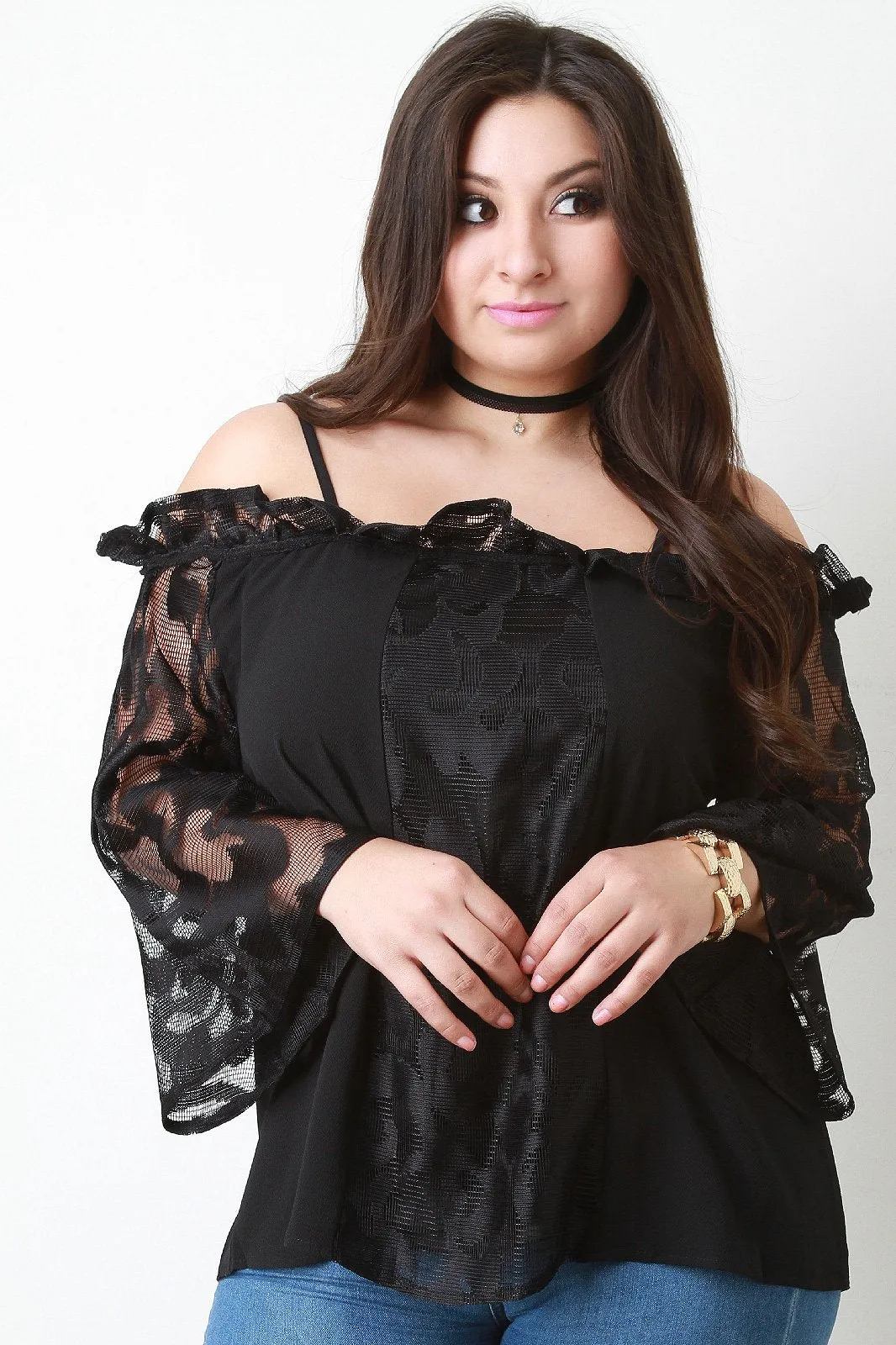 Lace Contrast Ruffle Neck Bell-Sleeves Cold Shoulder Top