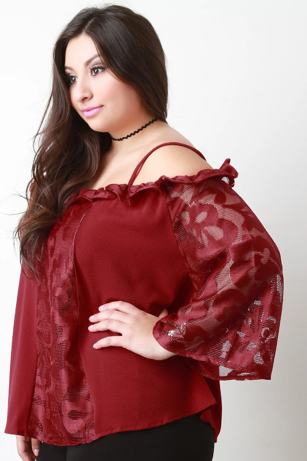 Lace Contrast Ruffle Neck Bell-Sleeves Cold Shoulder Top