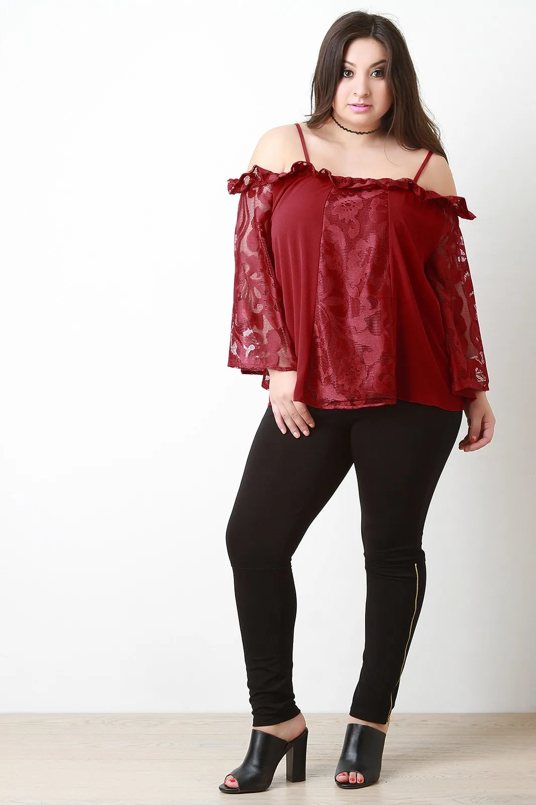 Lace Contrast Ruffle Neck Bell-Sleeves Cold Shoulder Top