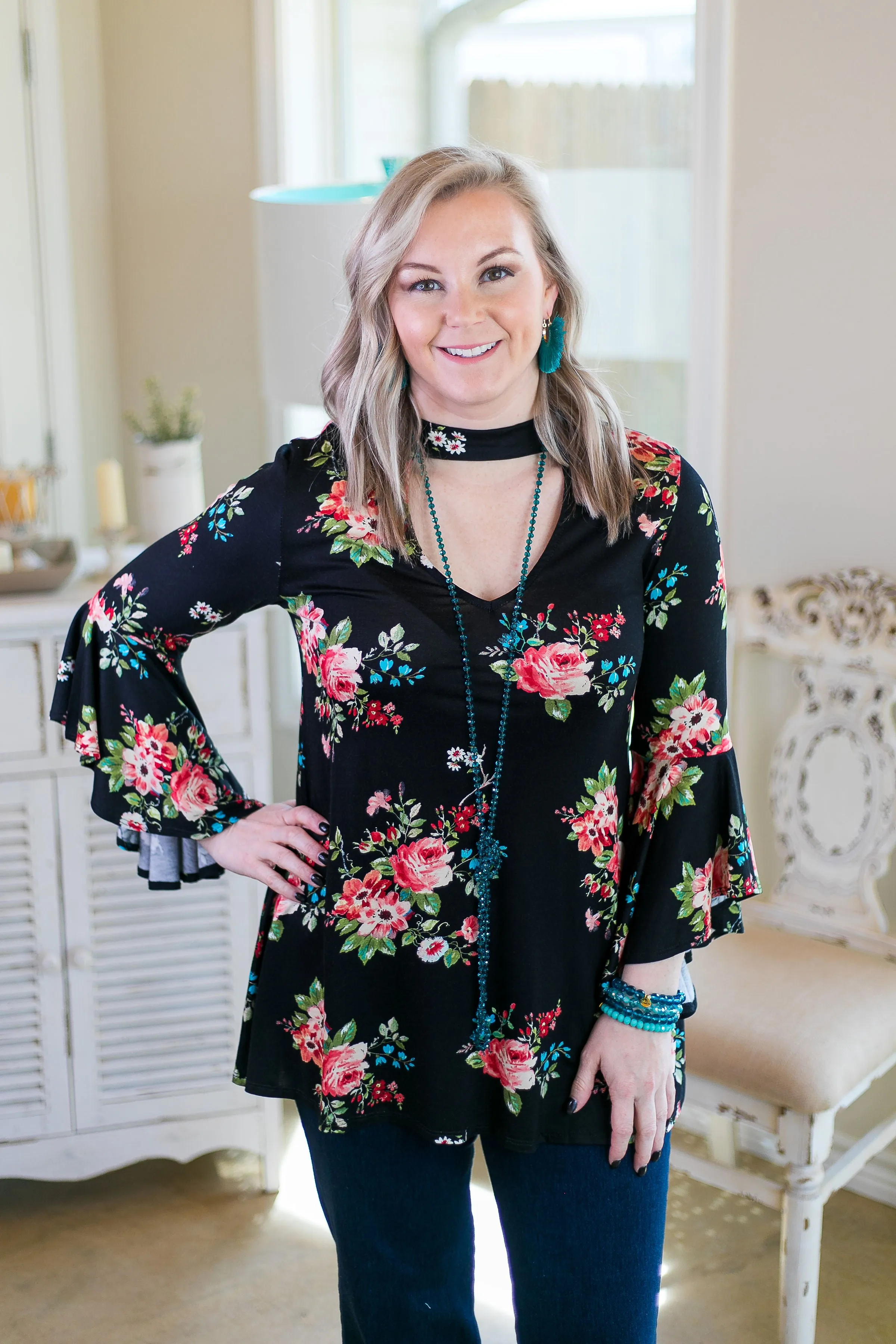 Last Chance Size Small | Love Philosophy Floral Print Bell Sleeve Top with Keyhole Cutout in Black