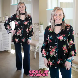 Last Chance Size Small | Love Philosophy Floral Print Bell Sleeve Top with Keyhole Cutout in Black