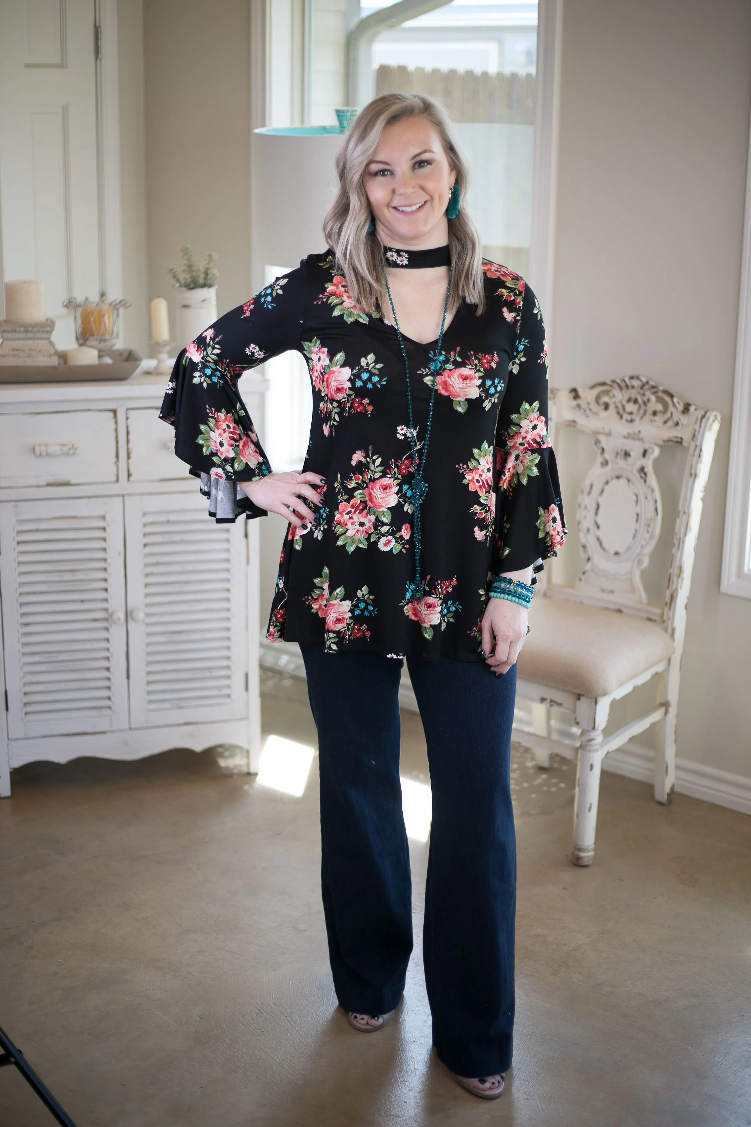 Last Chance Size Small | Love Philosophy Floral Print Bell Sleeve Top with Keyhole Cutout in Black