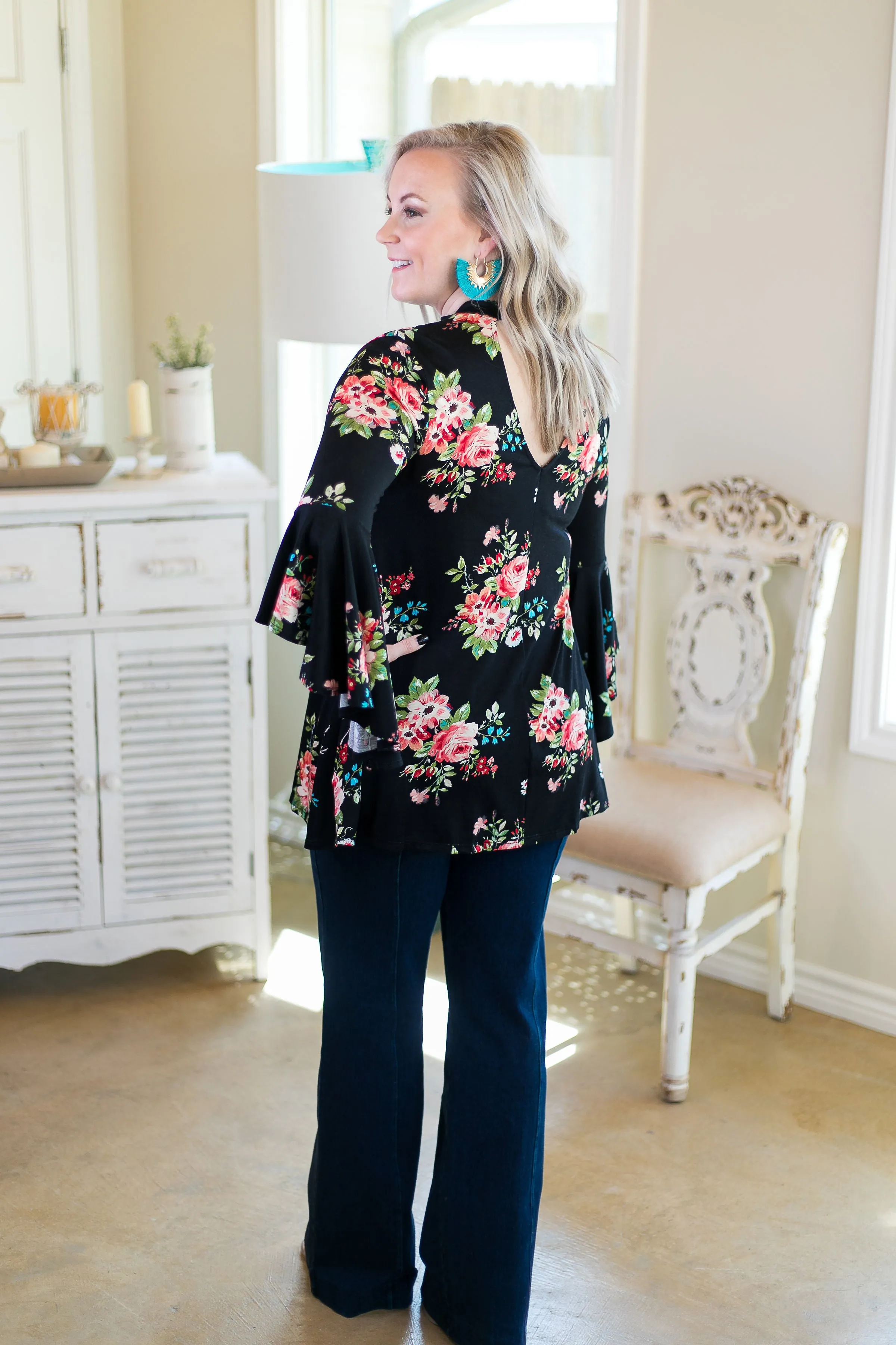 Last Chance Size Small | Love Philosophy Floral Print Bell Sleeve Top with Keyhole Cutout in Black