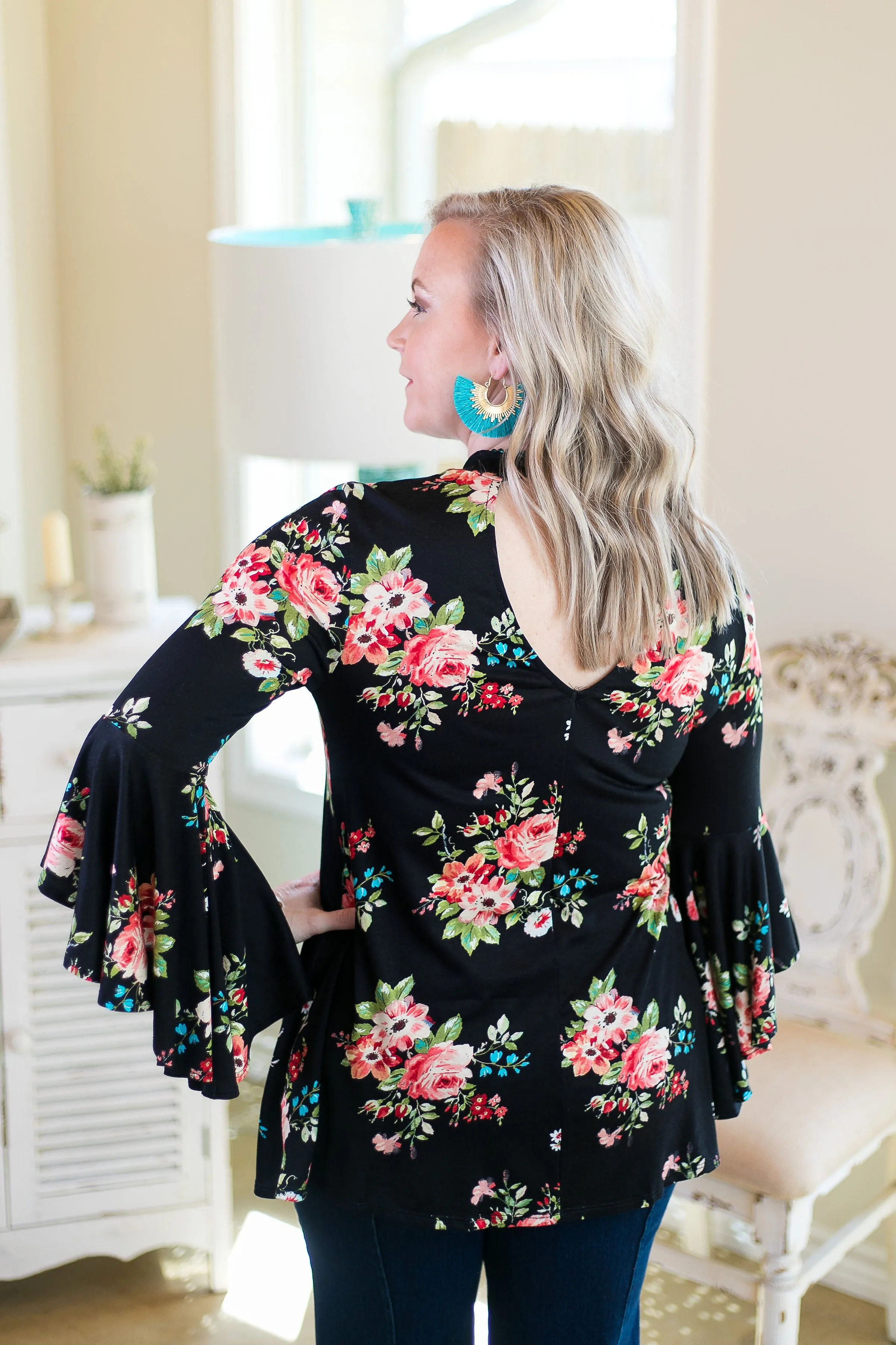 Last Chance Size Small | Love Philosophy Floral Print Bell Sleeve Top with Keyhole Cutout in Black