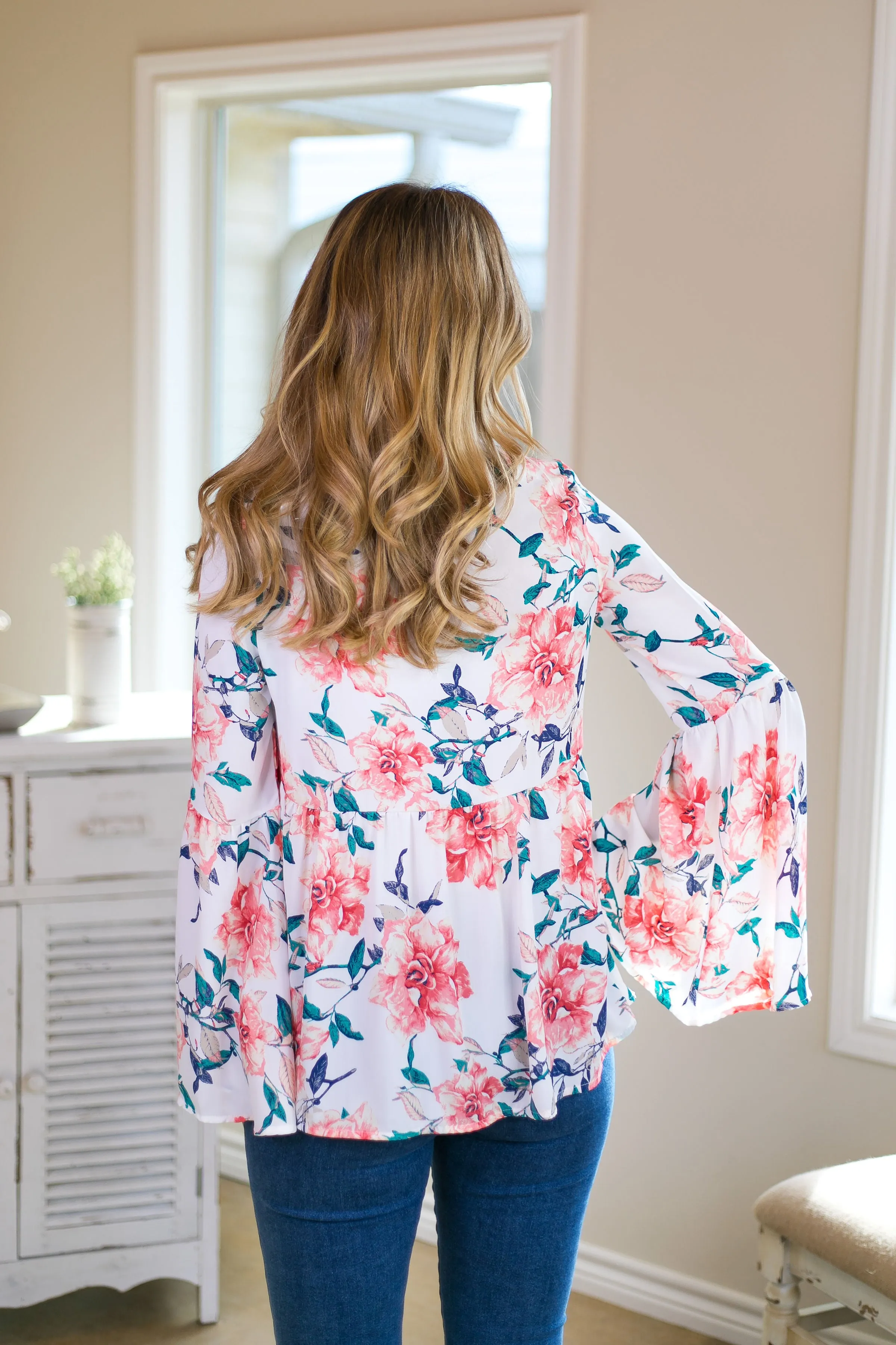 Last Chance Size Small | Sunny State Of Mind Floral Bell Sleeve Top with Lace Up Neckline