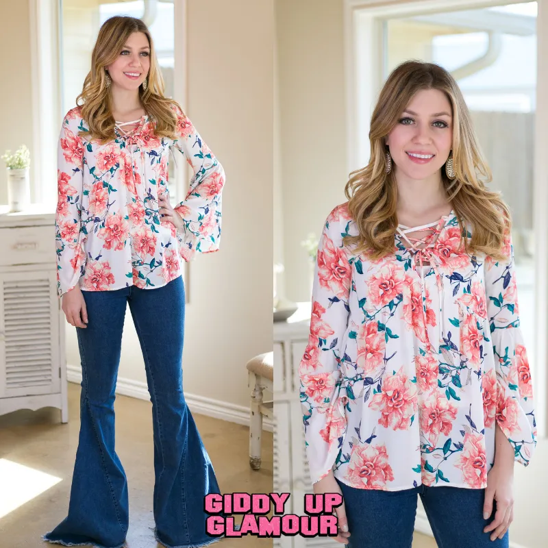 Last Chance Size Small | Sunny State Of Mind Floral Bell Sleeve Top with Lace Up Neckline