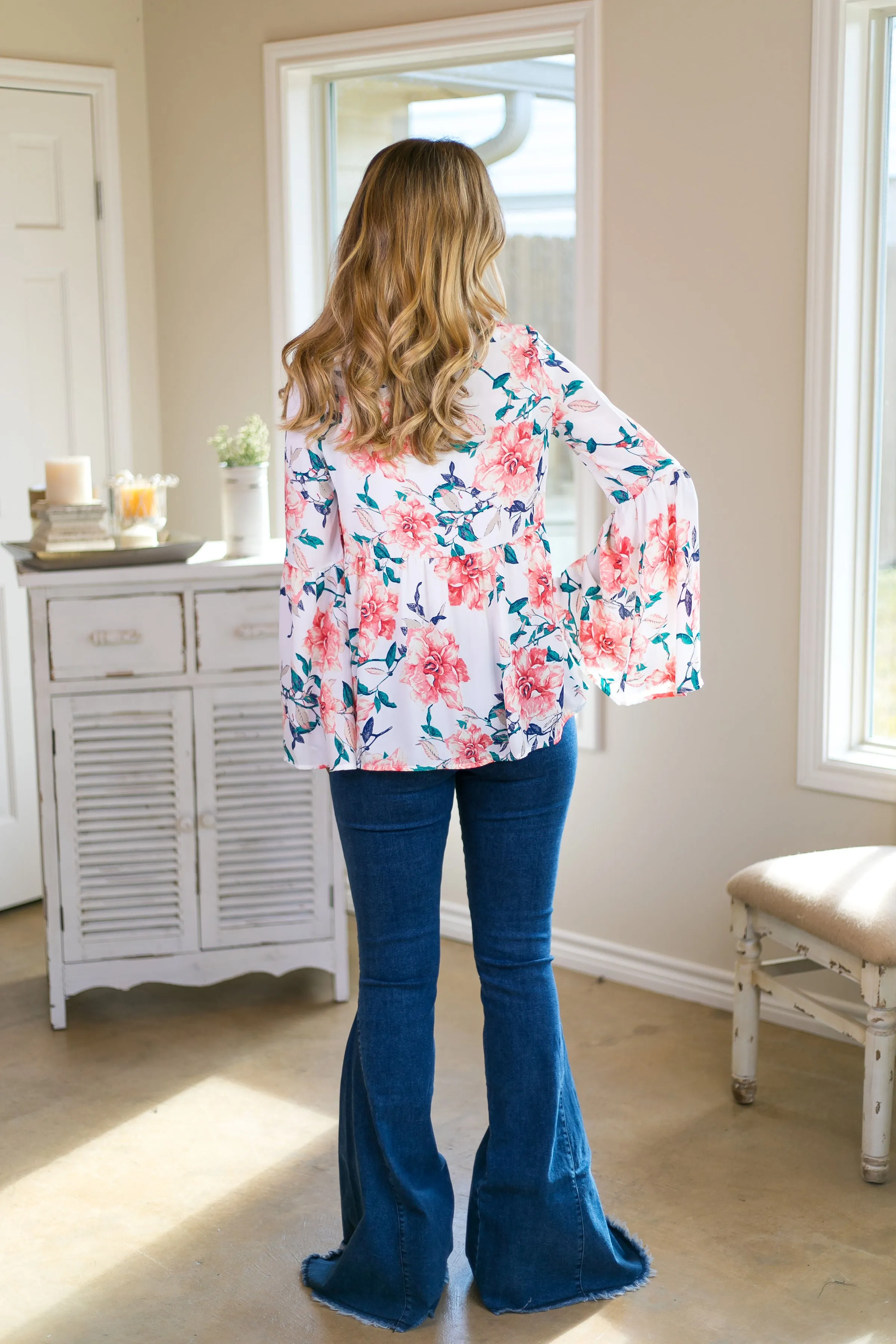 Last Chance Size Small | Sunny State Of Mind Floral Bell Sleeve Top with Lace Up Neckline