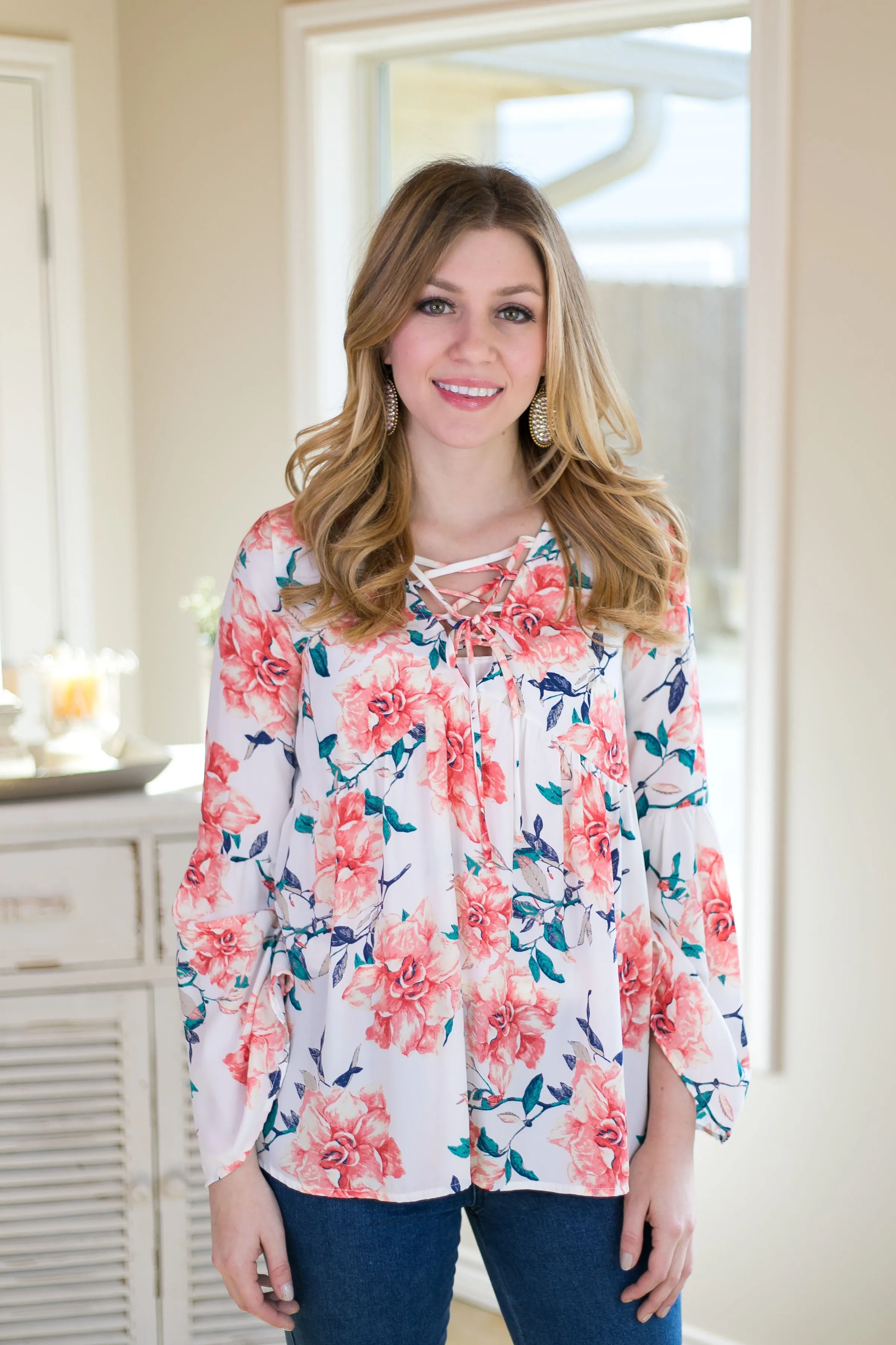 Last Chance Size Small | Sunny State Of Mind Floral Bell Sleeve Top with Lace Up Neckline