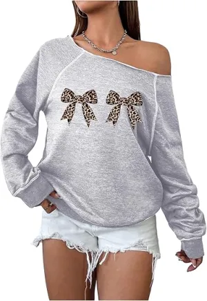 Leopard Grey Fall Chic Off Shoulder Sweatshirt