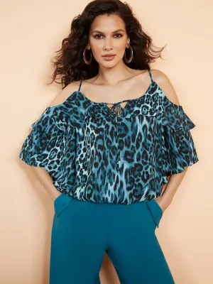 Leopard-Print Cold-Shoulder Ruffle Top