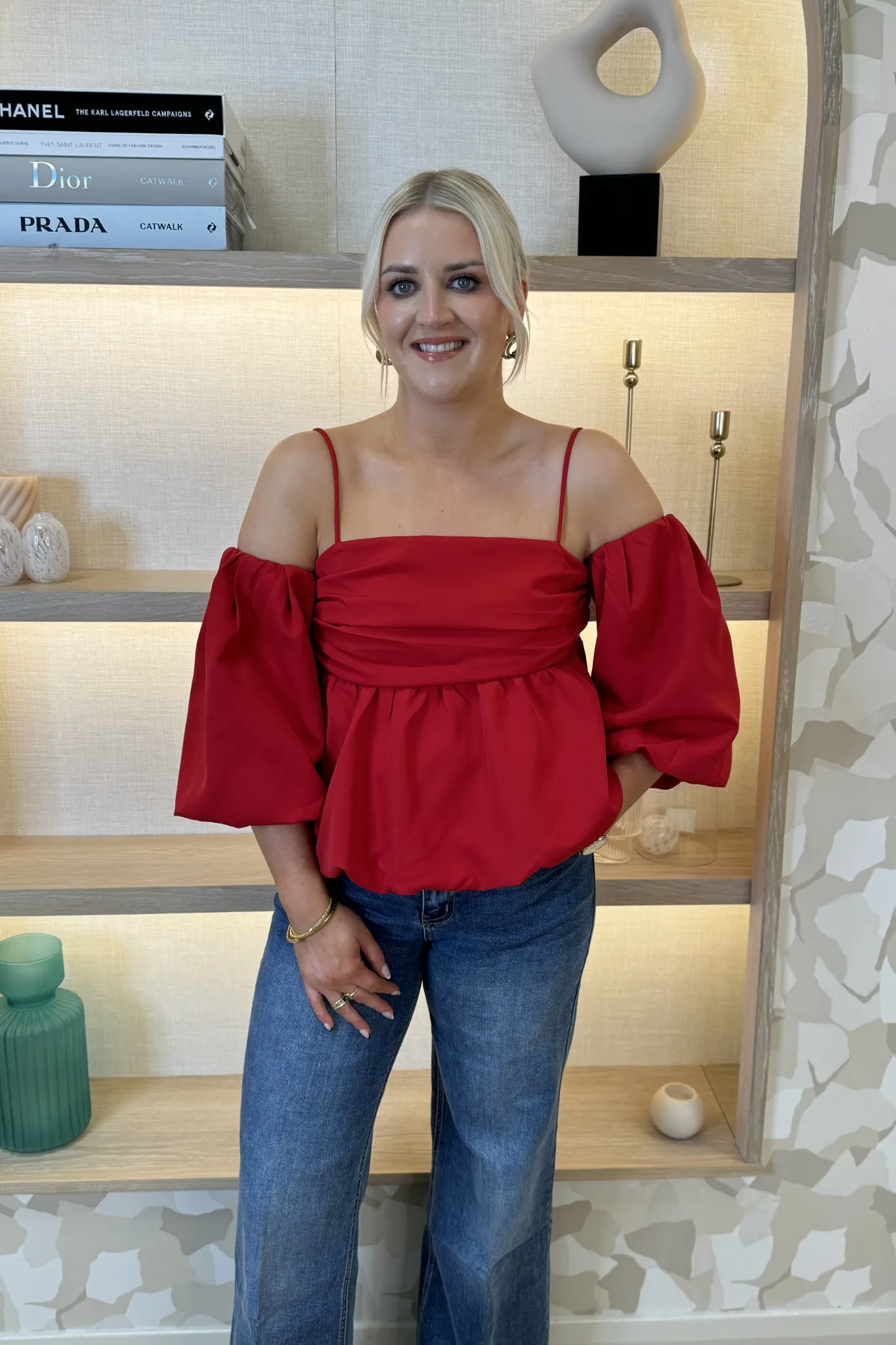 Lila Puff Sleeve Top In Red