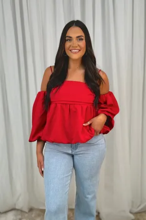 Lila Puff Sleeve Top In Red