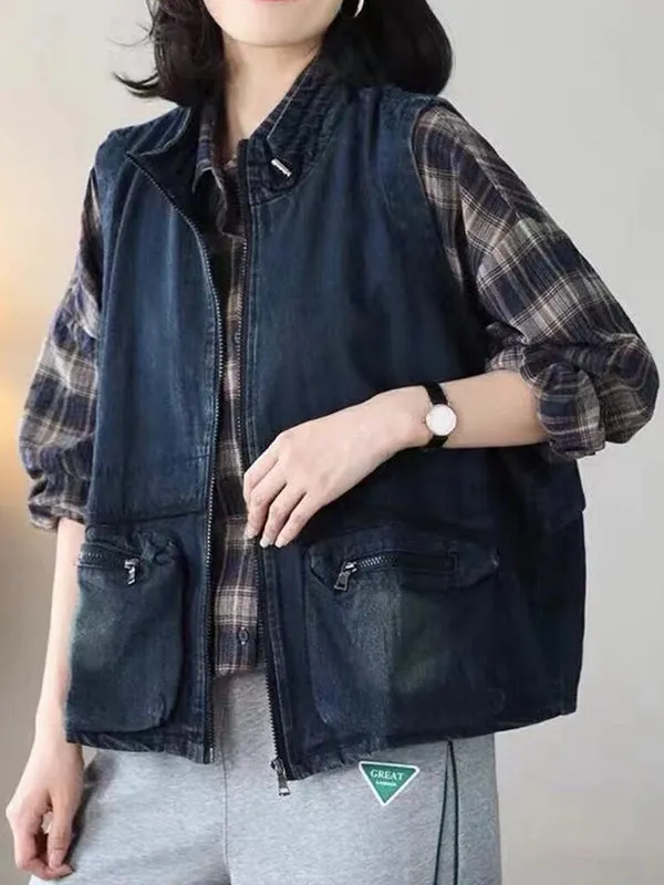 Loose Sleeveless Drawstring Pockets Split-Joint Zipper Stand Collar Vest Outerwear