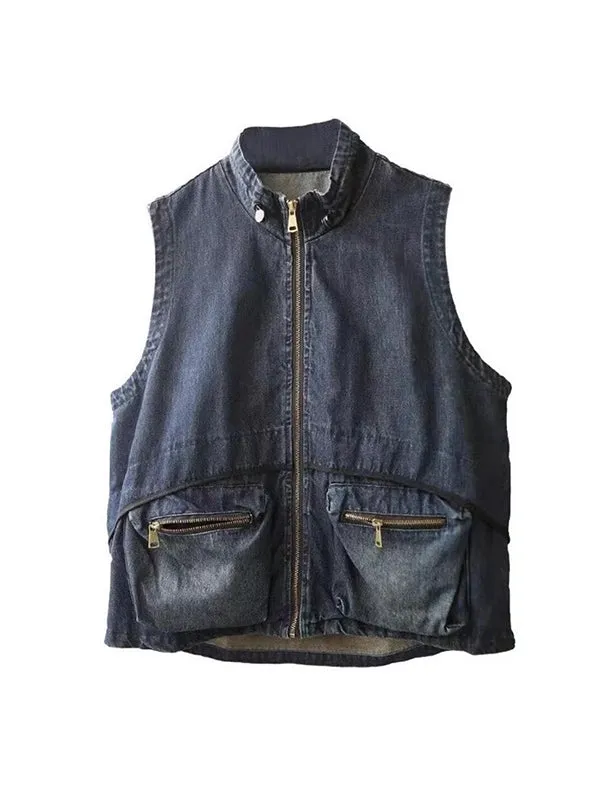 Loose Sleeveless Drawstring Pockets Split-Joint Zipper Stand Collar Vest Outerwear