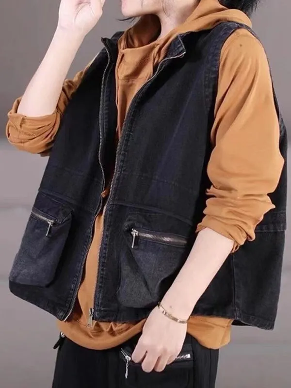 Loose Sleeveless Drawstring Pockets Split-Joint Zipper Stand Collar Vest Outerwear