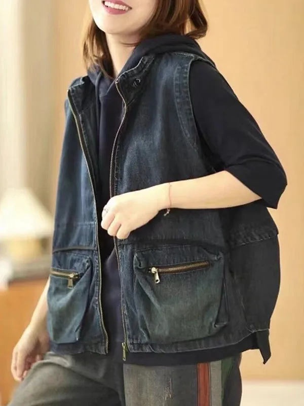 Loose Sleeveless Drawstring Pockets Split-Joint Zipper Stand Collar Vest Outerwear