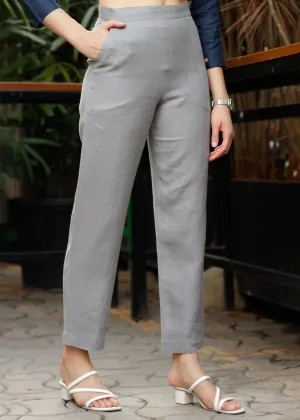 Luna - Ankle Length Pure Linen Trousers - Grey