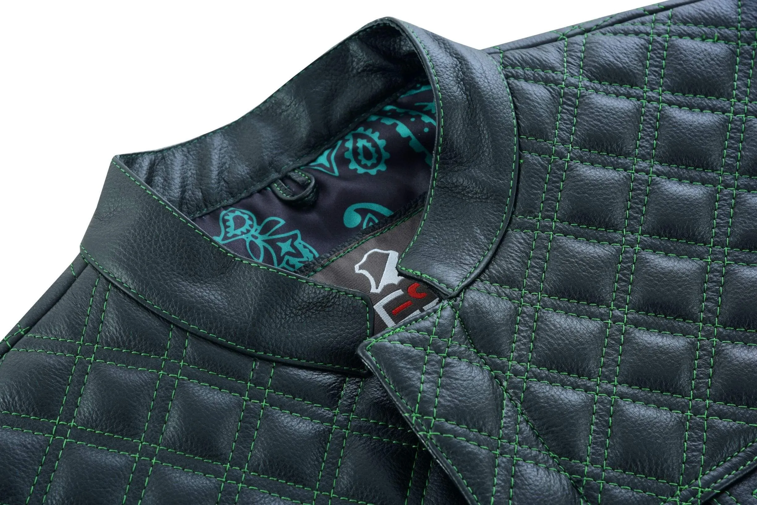 Mens Black Denim & Leather Motorcycle Club Vest Green Thread Zipper Front, Diamond Padding