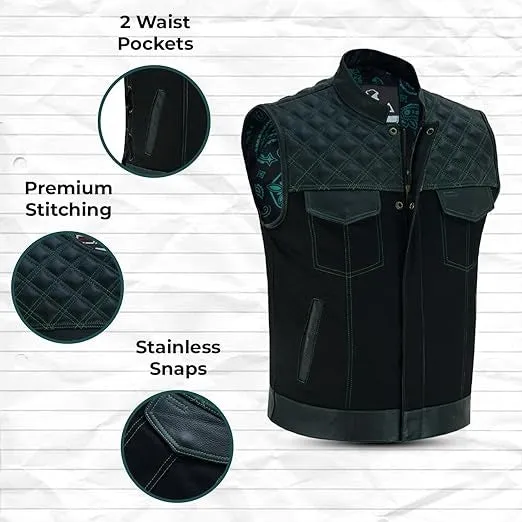 Mens Black Denim & Leather Motorcycle Club Vest Green Thread Zipper Front, Diamond Padding