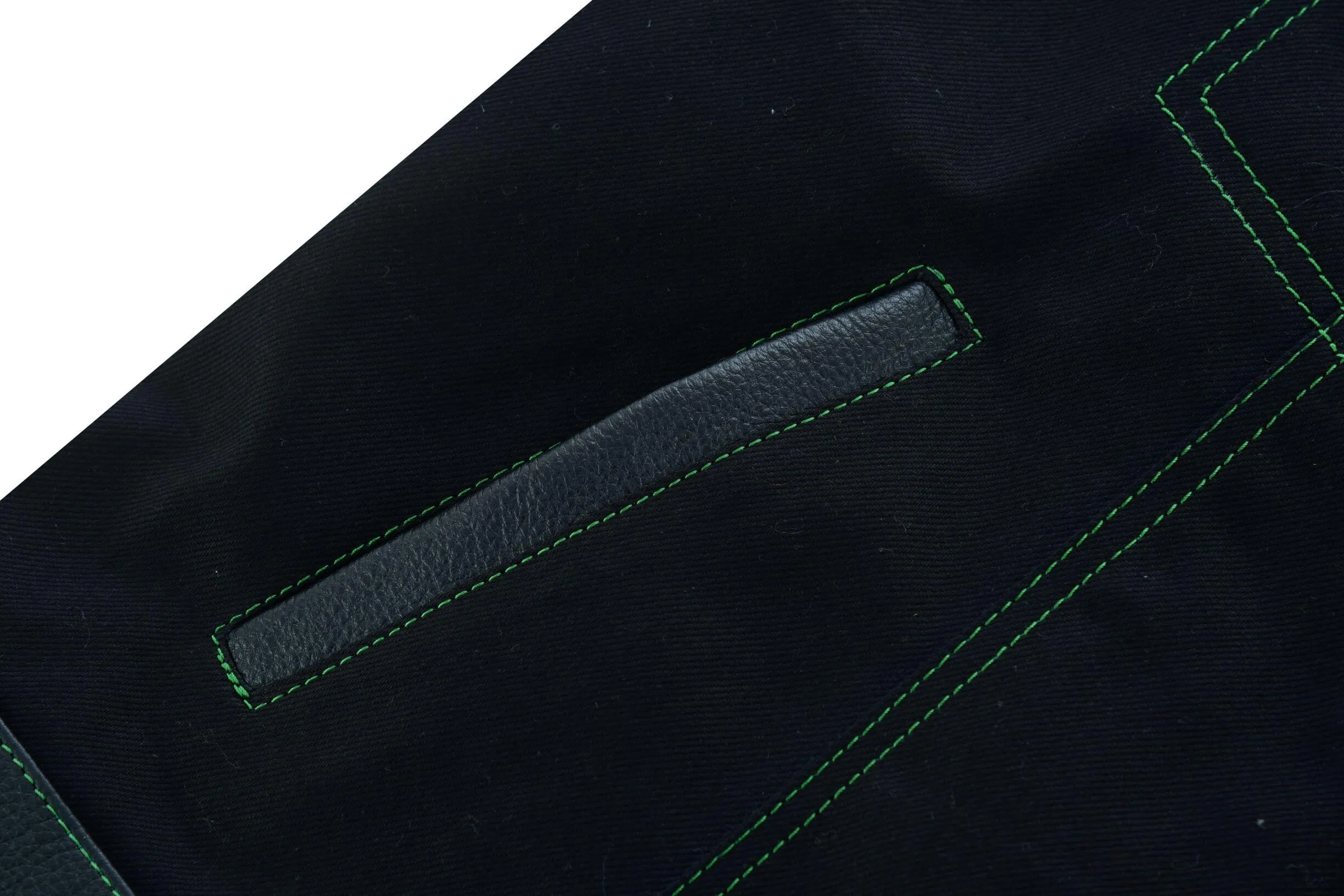 Mens Black Denim & Leather Motorcycle Club Vest Green Thread Zipper Front, Diamond Padding