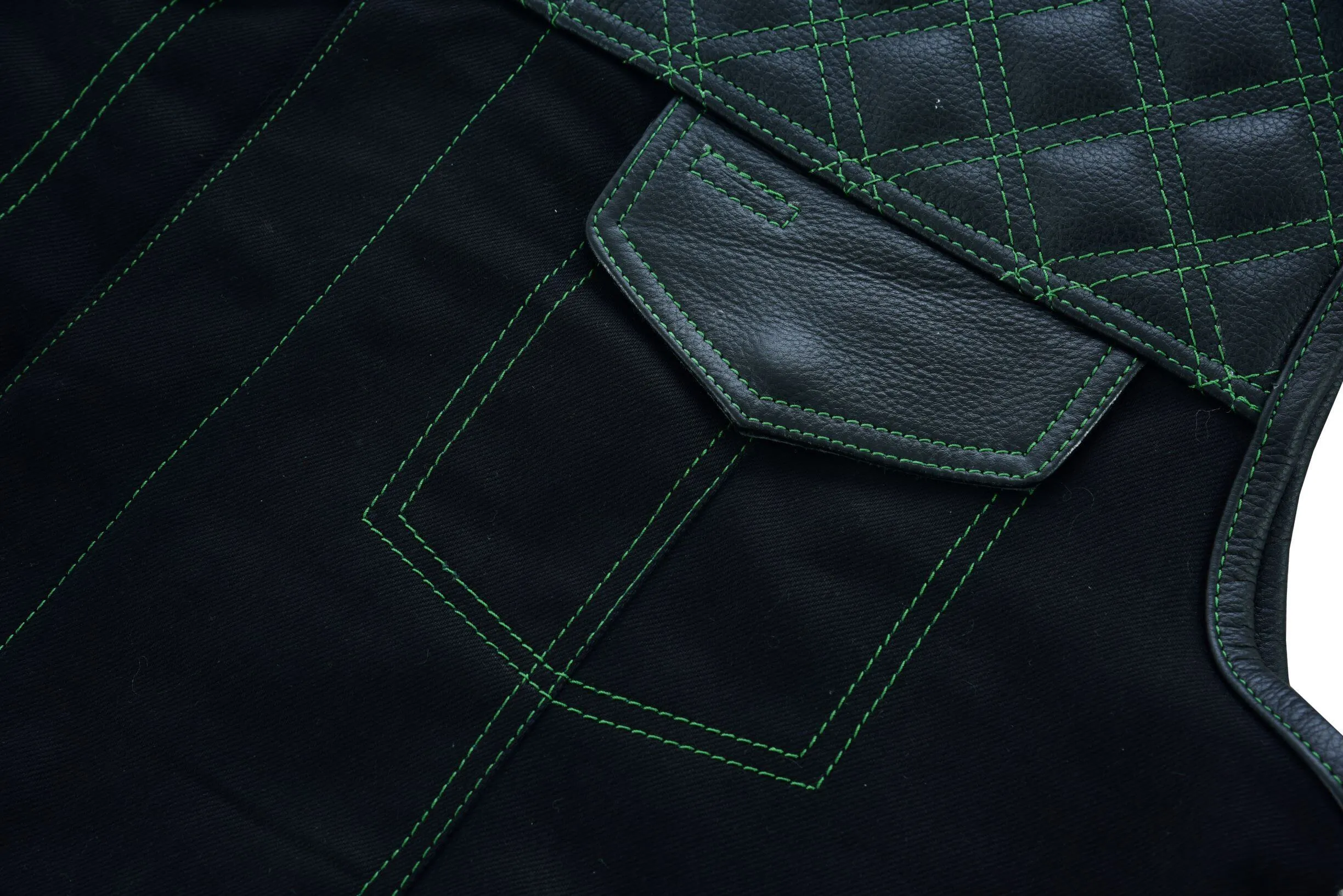 Mens Black Denim & Leather Motorcycle Club Vest Green Thread Zipper Front, Diamond Padding