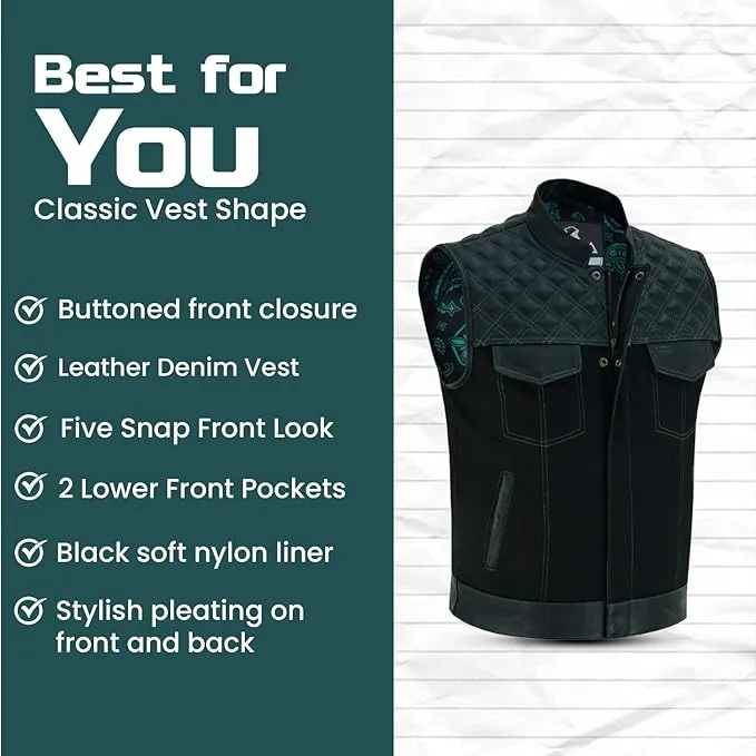 Mens Black Denim & Leather Motorcycle Club Vest Green Thread Zipper Front, Diamond Padding