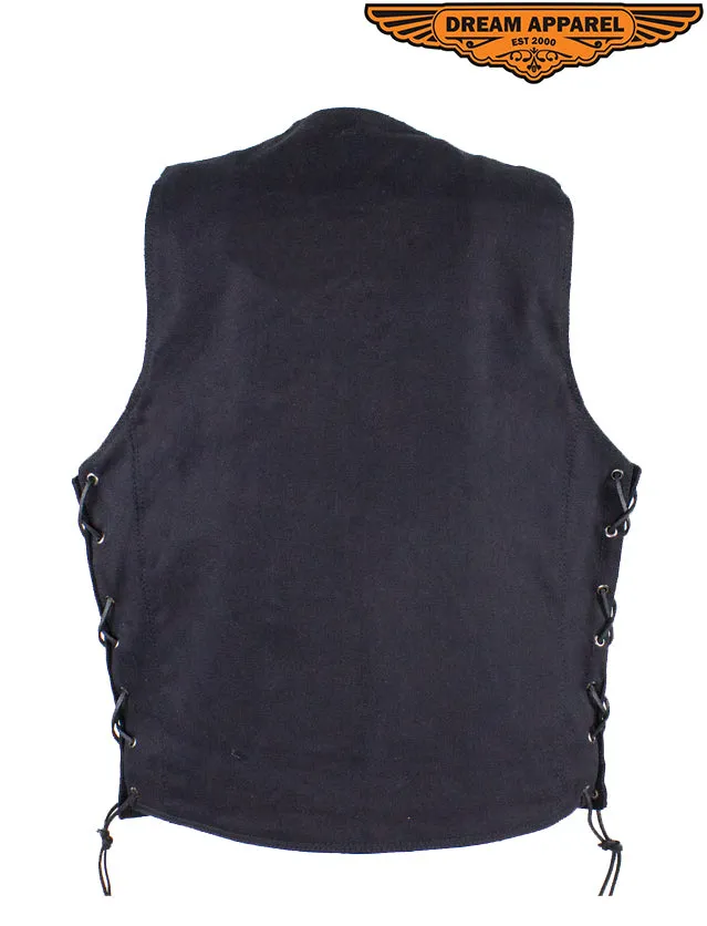 Mens Black Denim Vest with Side Laces