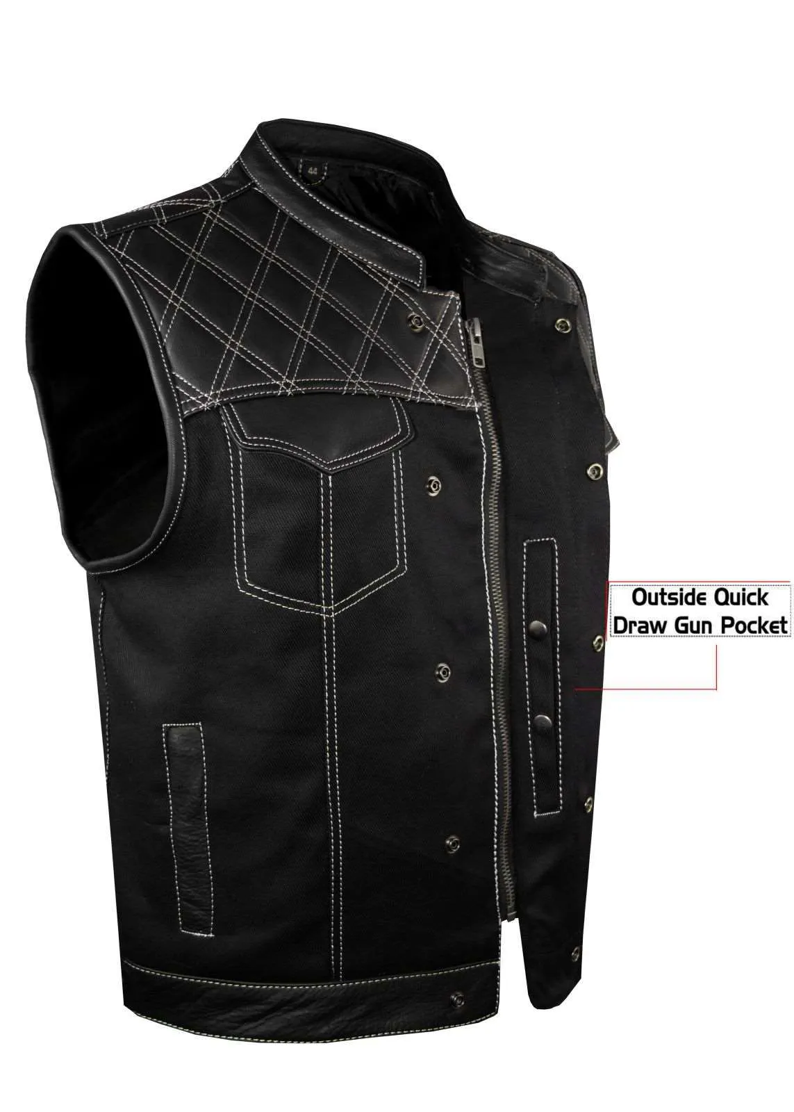 Mens Black Vest Diamond Design leather over denim white stitching