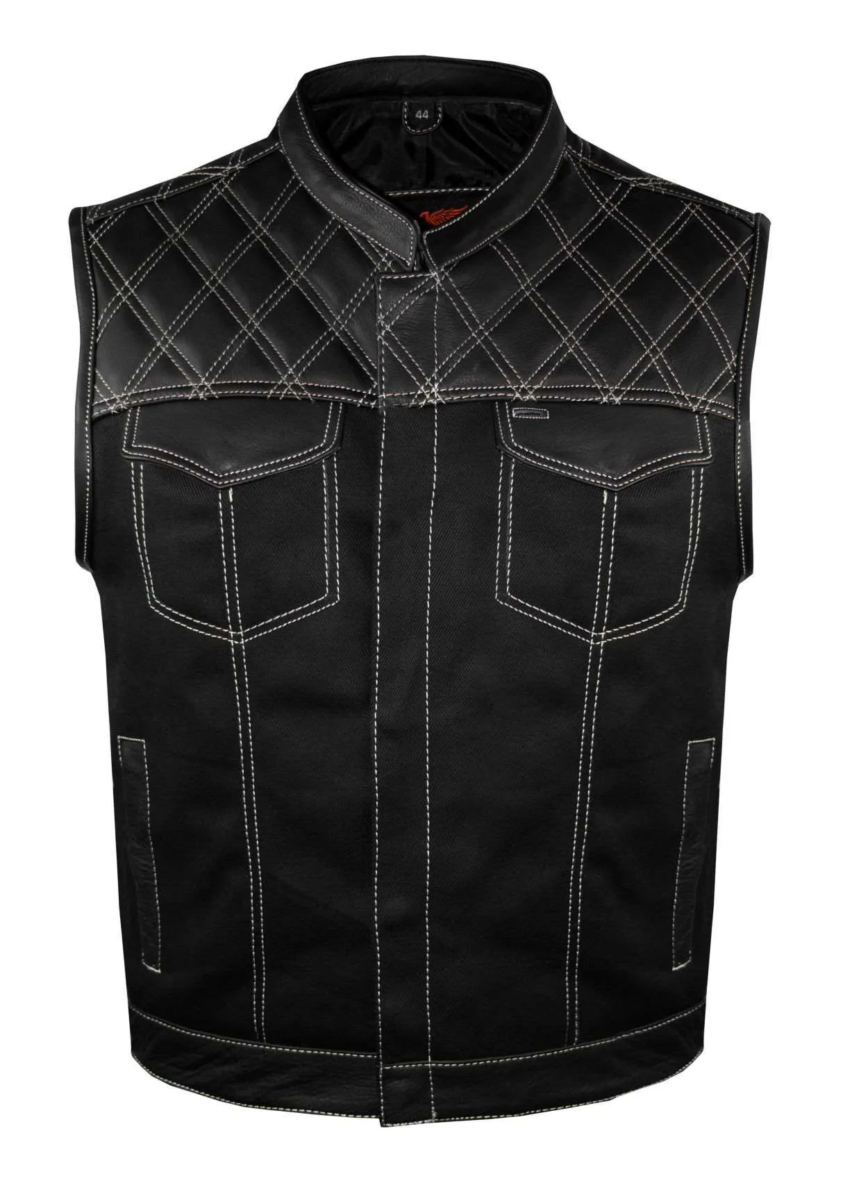 Mens Black Vest Diamond Design leather over denim white stitching