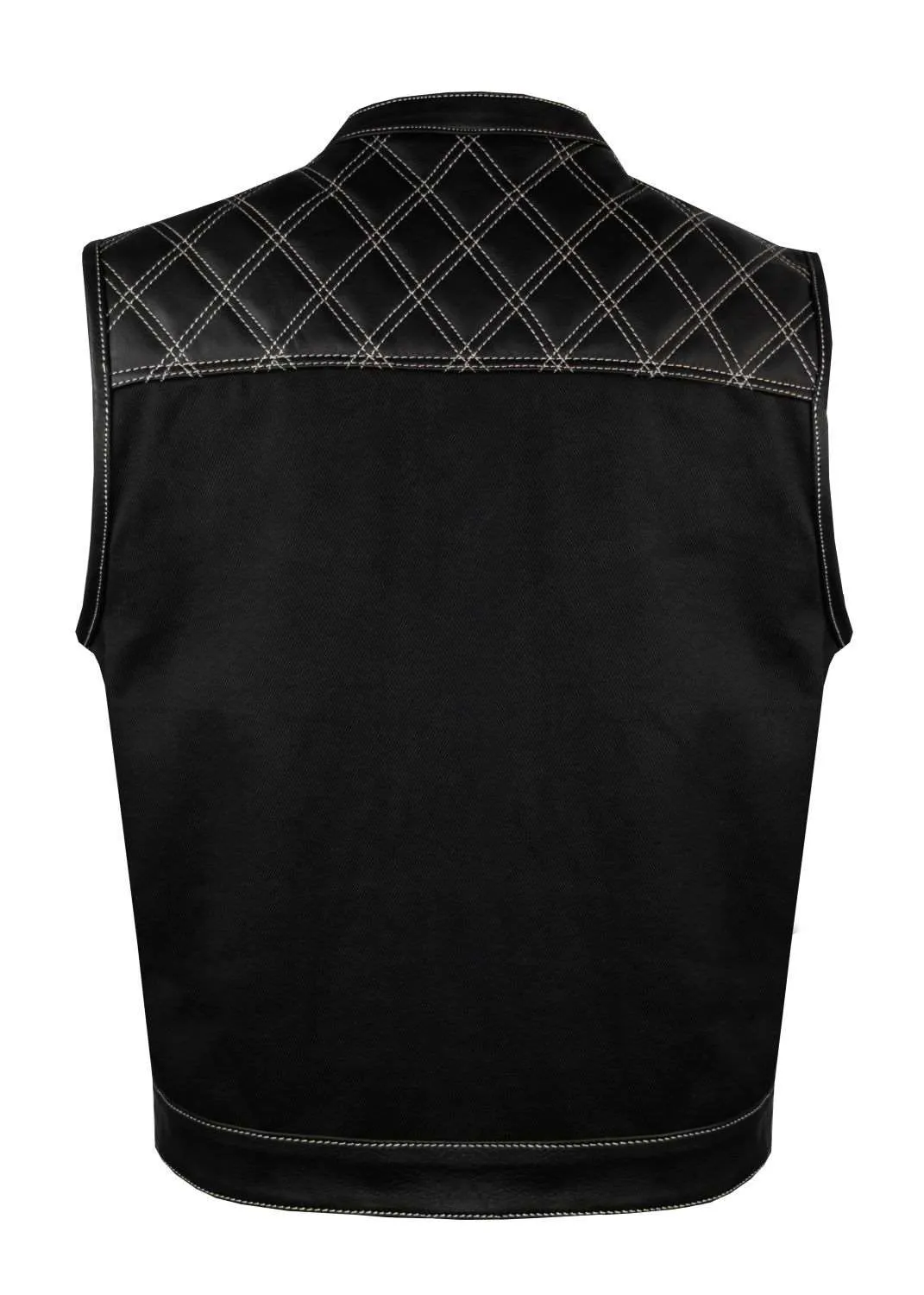 Mens Black Vest Diamond Design leather over denim white stitching