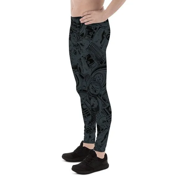 Mens Leggings - Black Leggings with Auto Parts