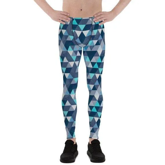 Mens Leggings - Blue Geometric Triangles Leggings