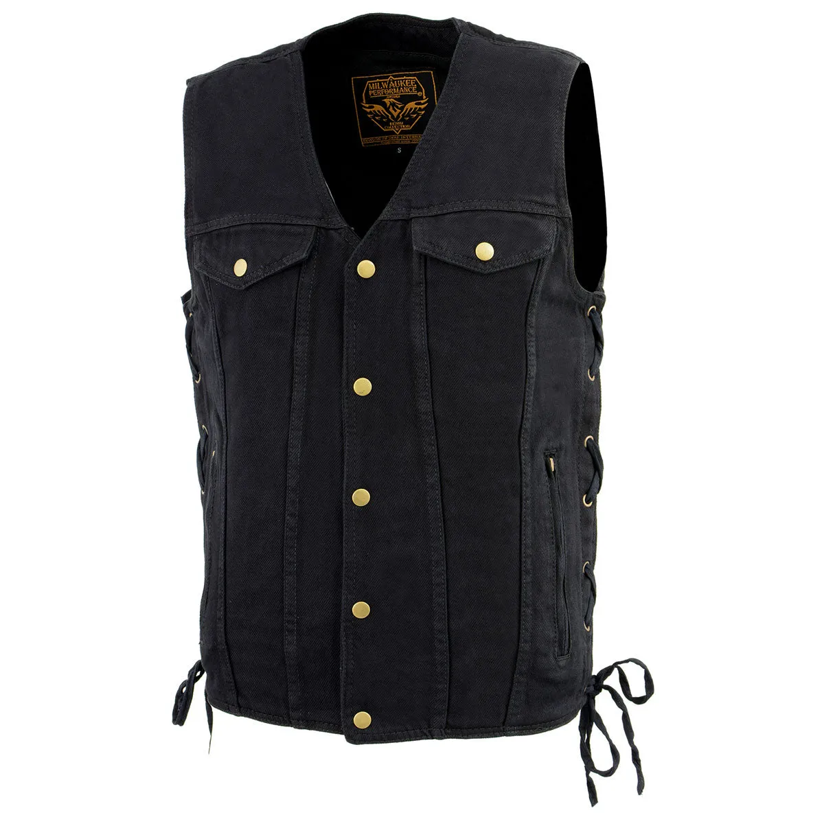 Milwaukee Leather DM1360 Men's Classic Black Denim Motorcycle Biker Riders Vest w/ Adjustable Side Laces