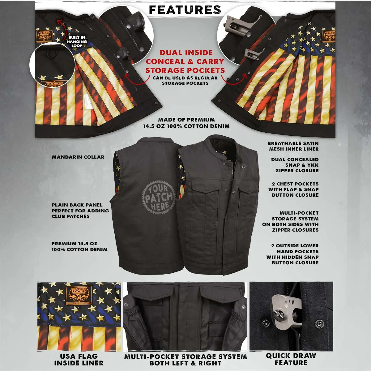 Milwaukee Leather MDM3007 Men's 'Brute' Concealed Snap Black Denim Club Style Vest w/ USA Flag Liner