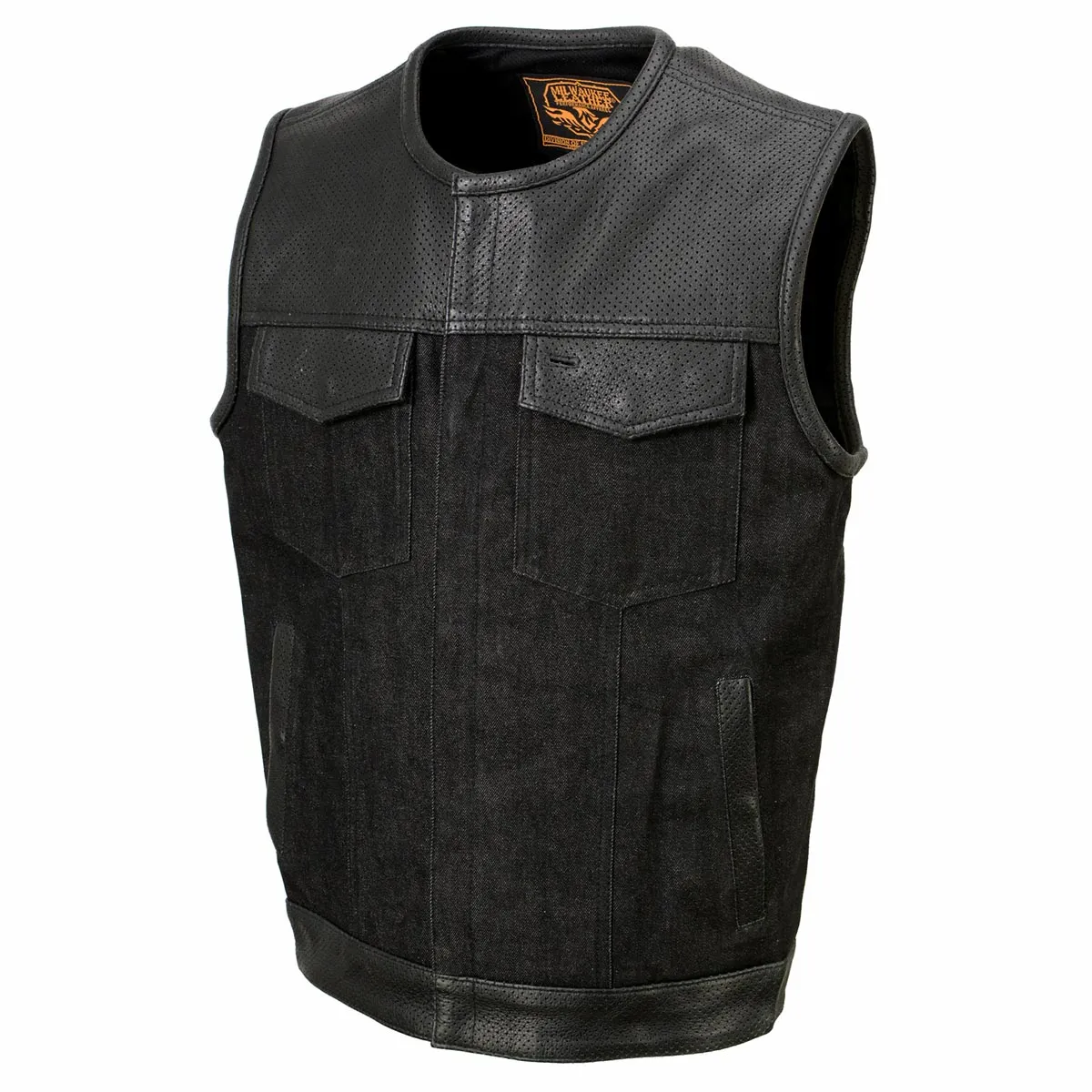 Milwaukee Leather MDM3008 Men's 'Brute' Black Perforated Leather and Denim Club Style Vest w/ Hidden Dual Closure