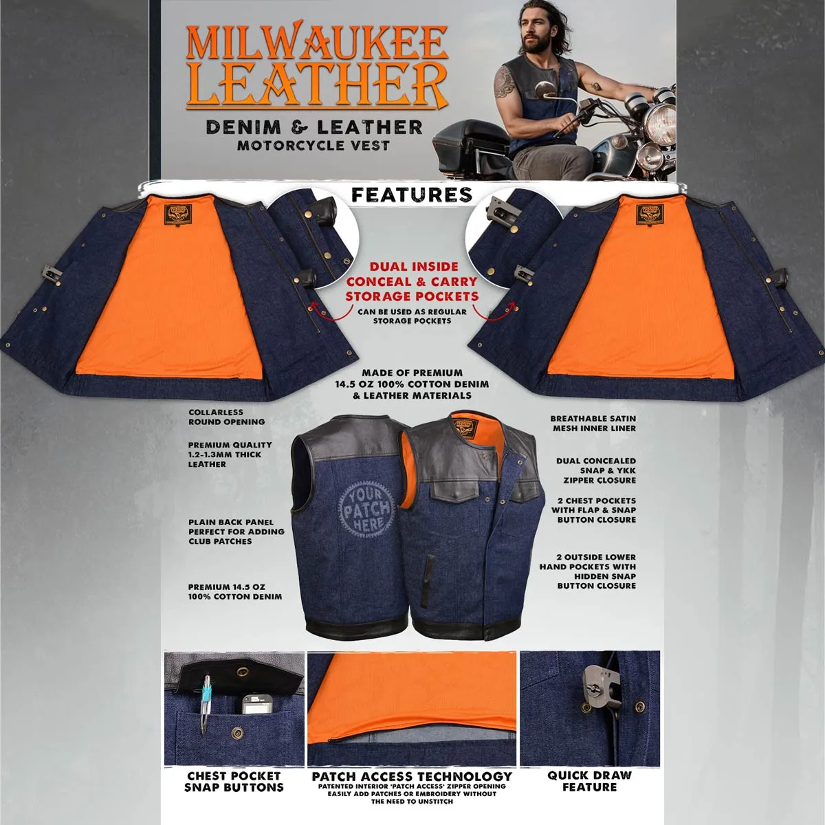 Milwaukee Leather Men's Brute Dual Closure Blue Denim and Black Leather Club Style Vest MDM3004