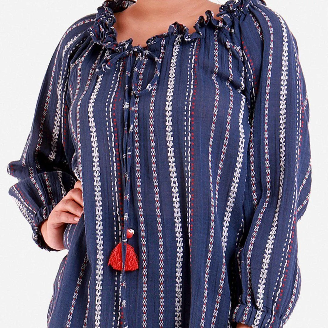 Navy Blue Crinkled Cotton Off-Shoulder Peasant Blouse Top