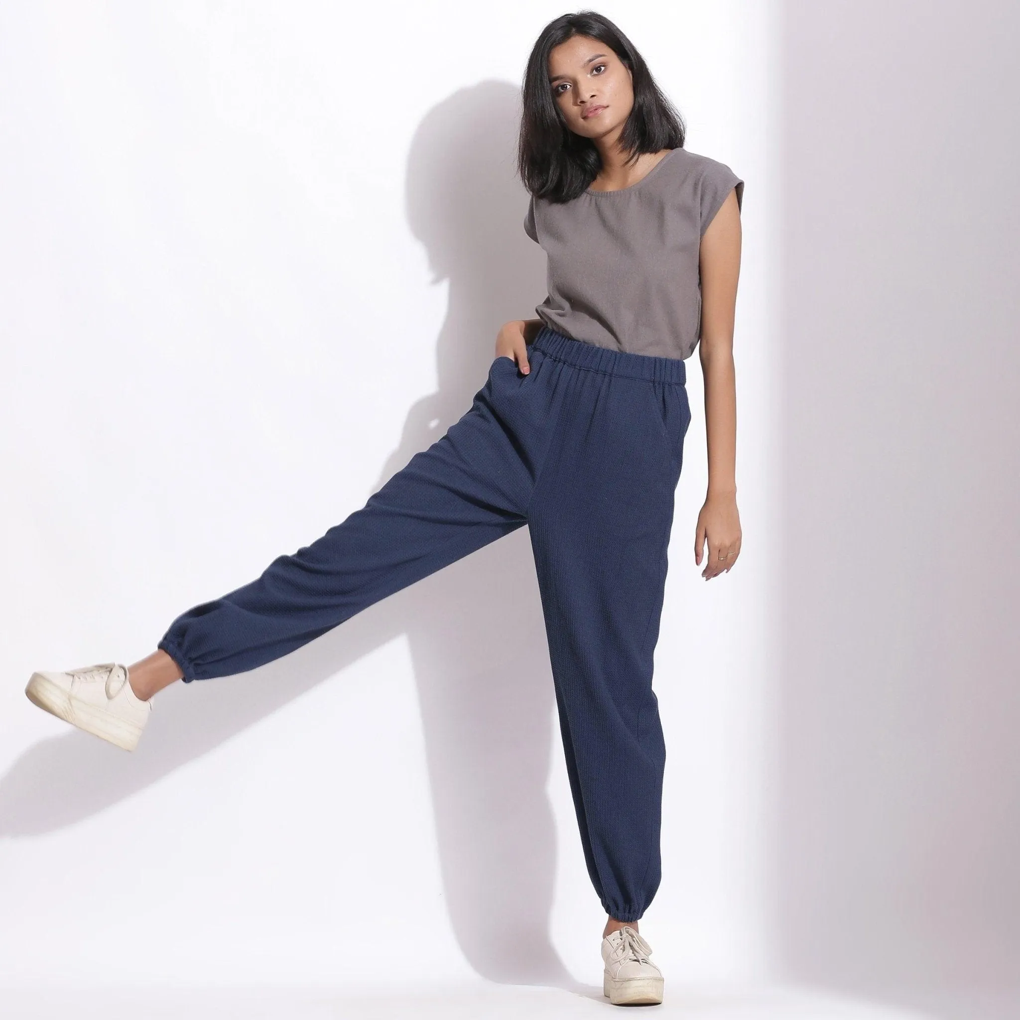 Navy Blue Warm Cotton Waffle Elasticated Jogger Pant