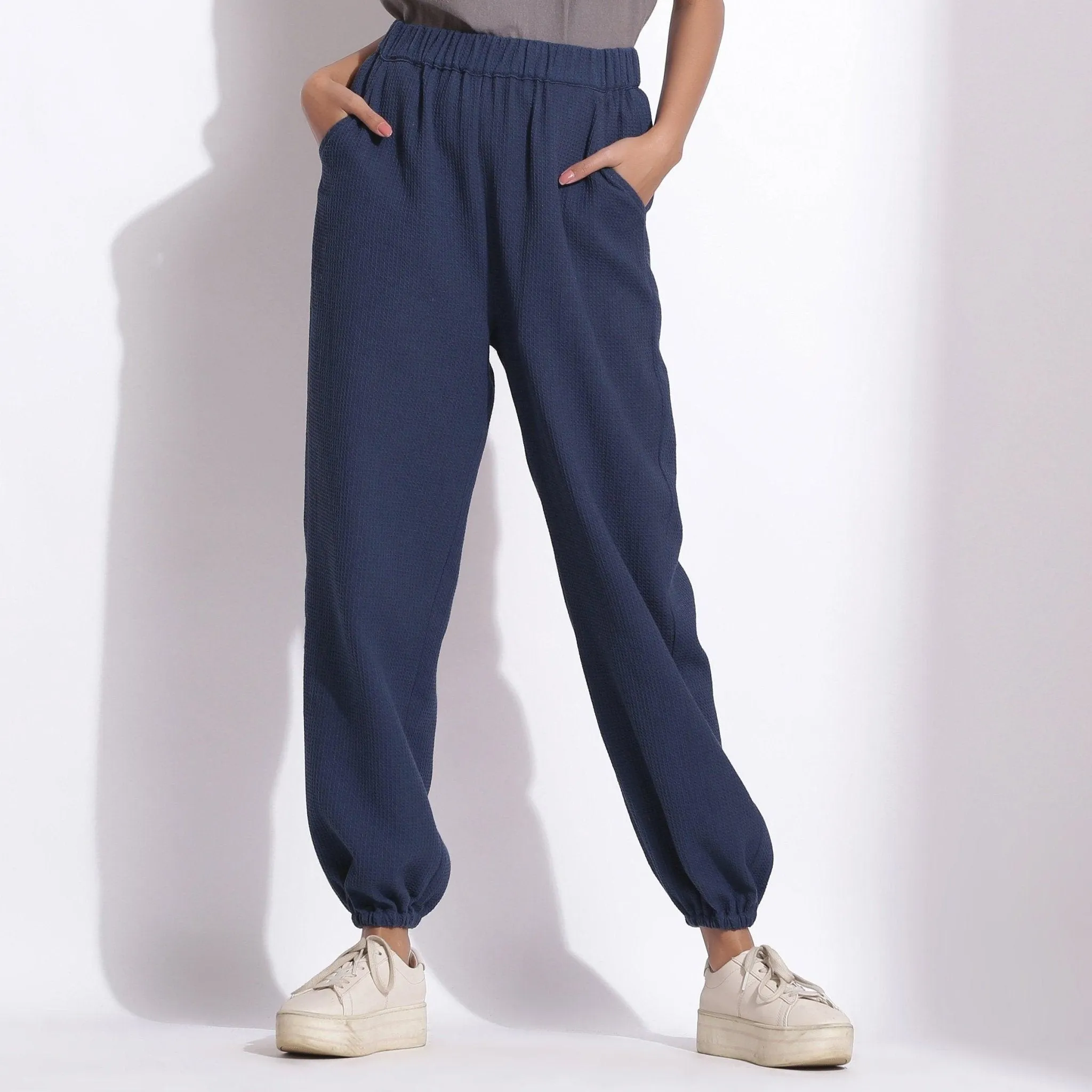 Navy Blue Warm Cotton Waffle Elasticated Jogger Pant