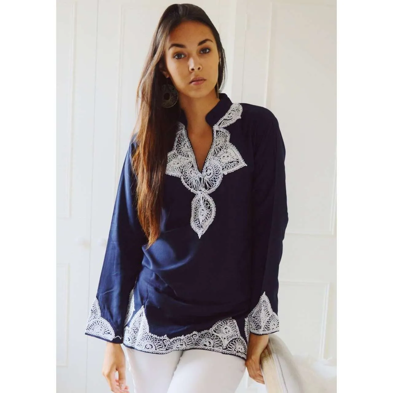 Navy Tunic with White Embroidery-Salma Style