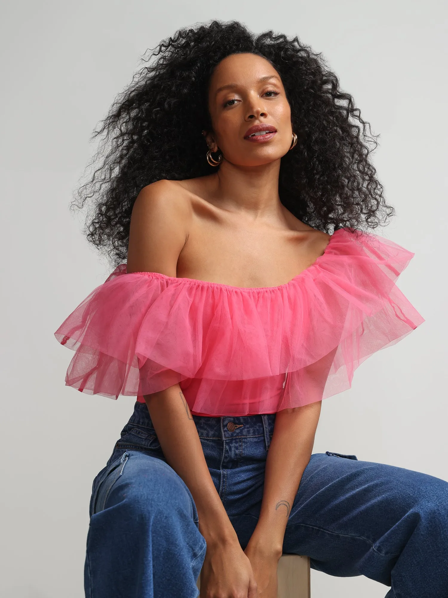 Off-The-Shoulder Organza Ruffle Top - Contour Knits