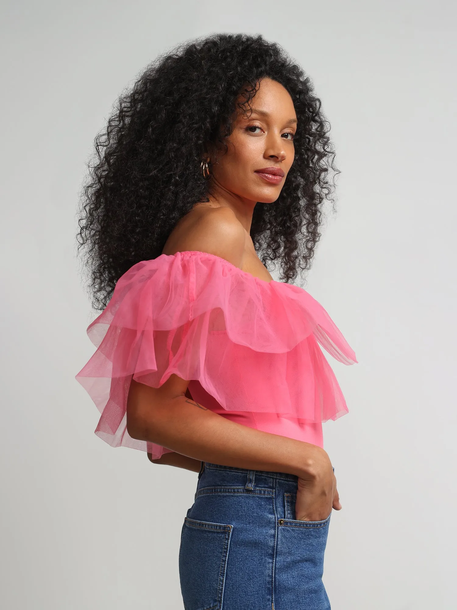 Off-The-Shoulder Organza Ruffle Top - Contour Knits