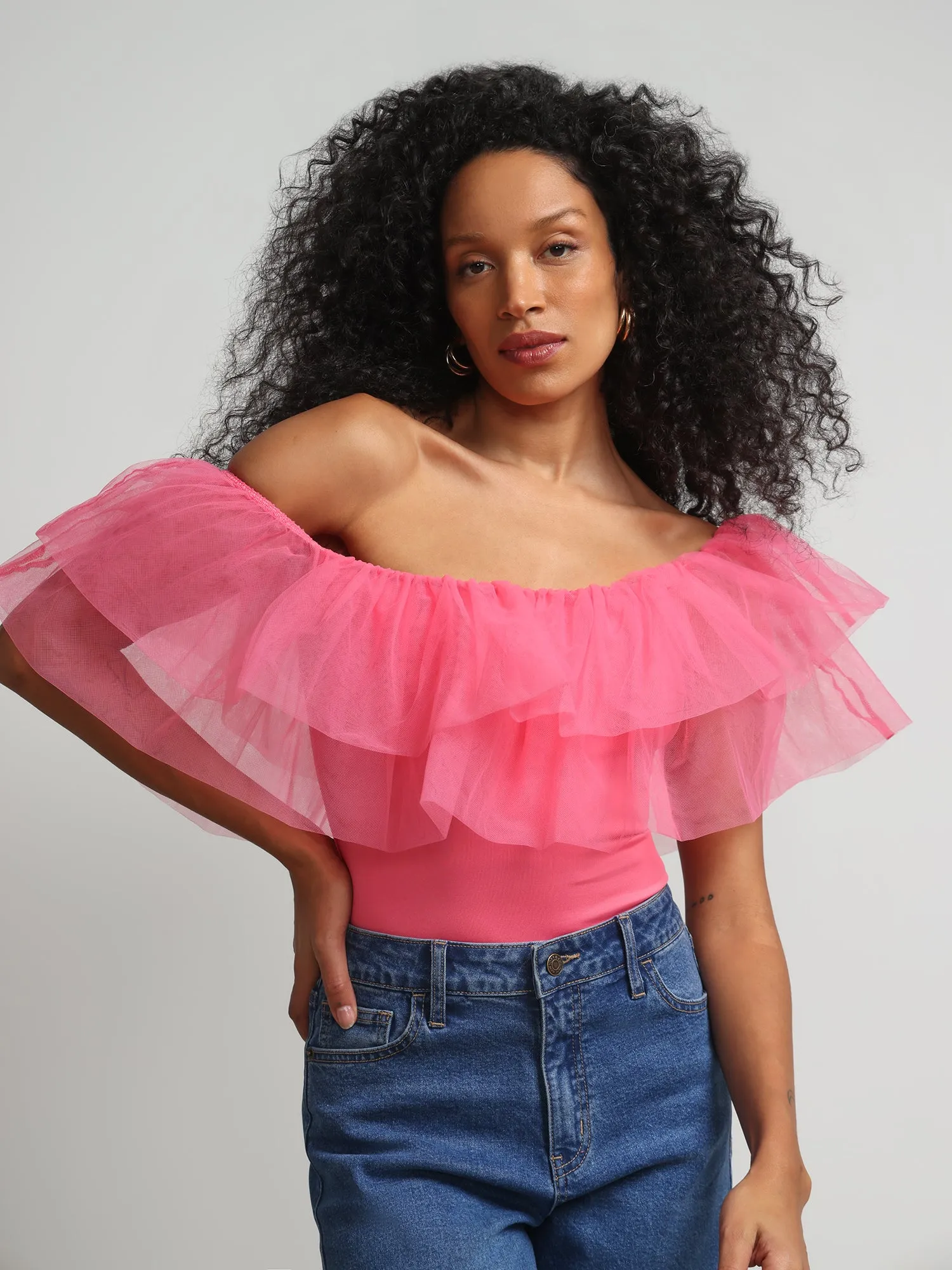 Off-The-Shoulder Organza Ruffle Top - Contour Knits