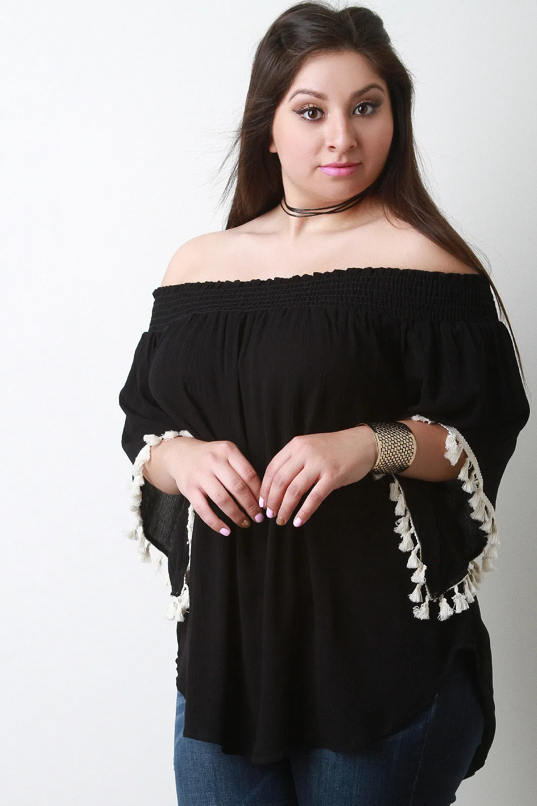 Off-The-Shoulder Tassel Bell Sleeve Blouse Top