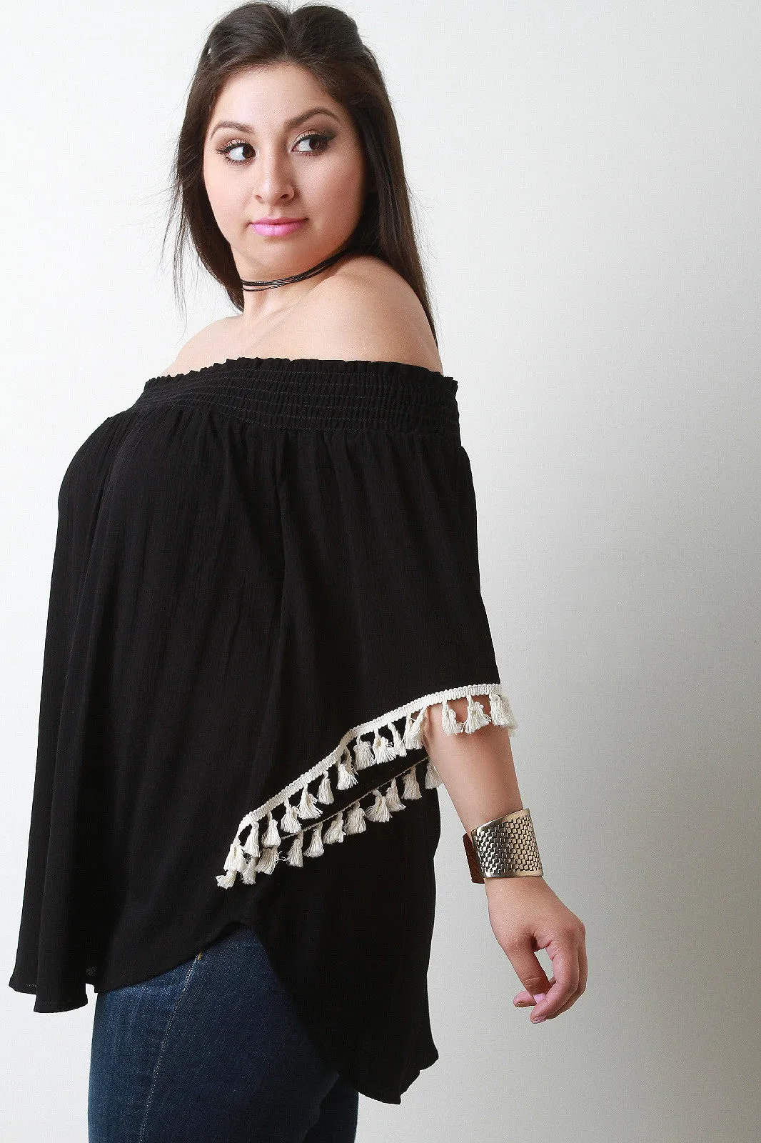 Off-The-Shoulder Tassel Bell Sleeve Blouse Top