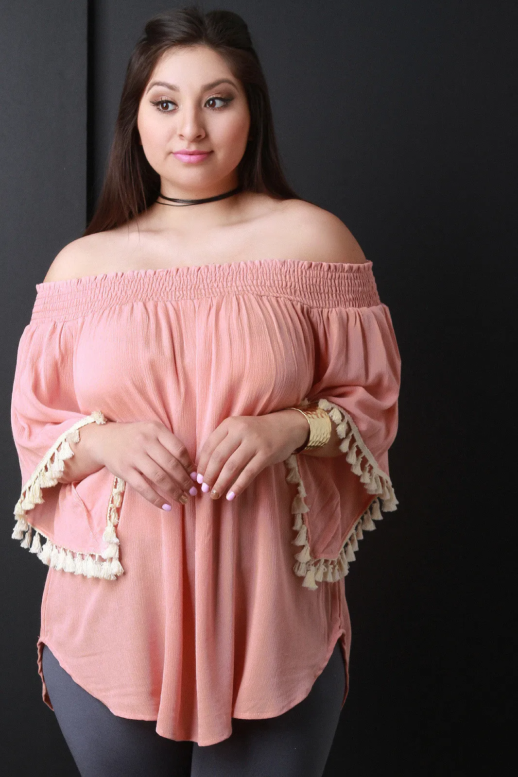 Off-The-Shoulder Tassel Bell Sleeve Blouse Top