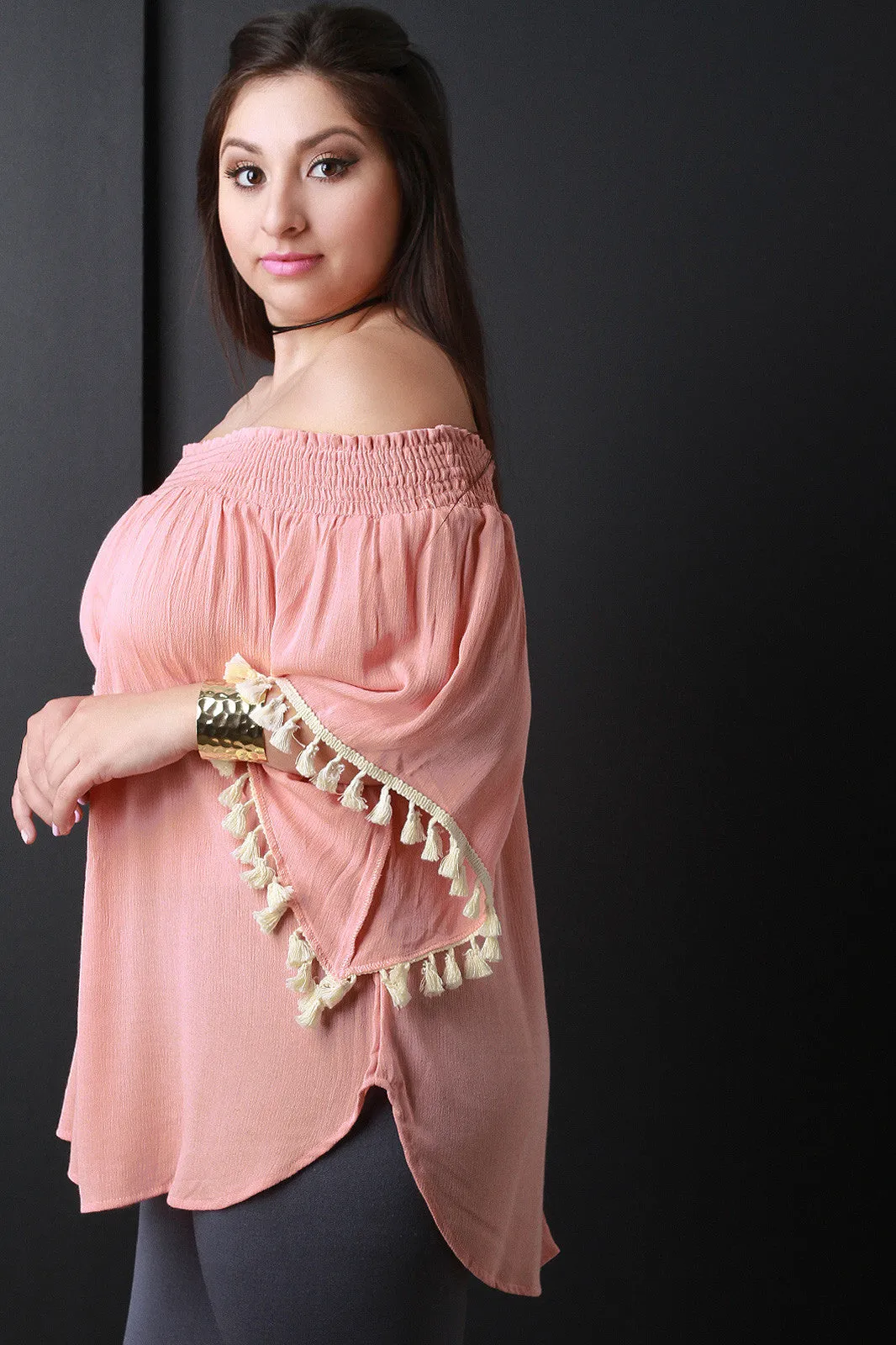 Off-The-Shoulder Tassel Bell Sleeve Blouse Top